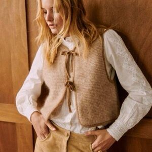Sézane Pepy Vest Mottled Beige Merino Wool Knit Cardigan small